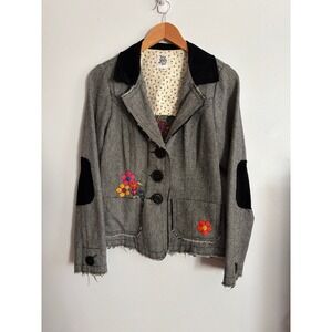 Ivy Jane Women's Blazer Jacket‎ Embroidered Floral Cross Elbow Patch Boho Medium